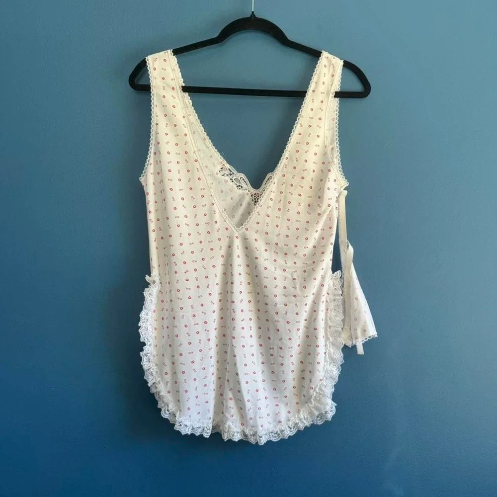 Vintage Lingerie Set Women's Size‎ Small White Red Lace Ruffle Heart XOXO Twee